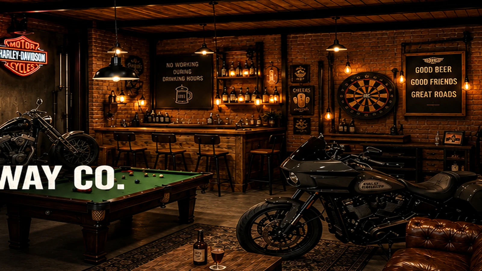 Garagem custom com motocicletas, ferramentas e mesa de sinuca